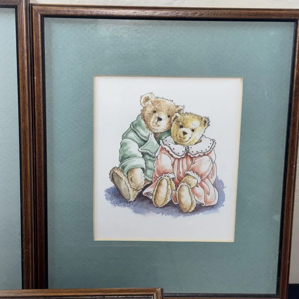 3 Vtg Teddy Bears Cottagecore Nursery Decorations Wood Framed Matted